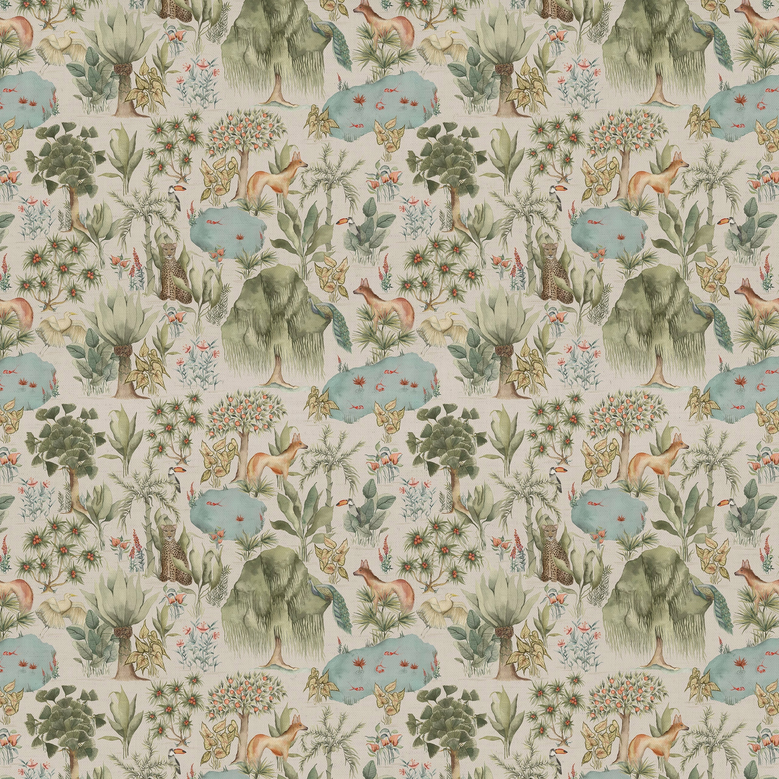 Painterly jungle print in soft green with animals, trees and blue pools