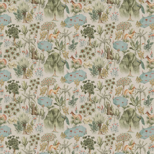 Painterly jungle print in soft green with animals, trees and blue pools