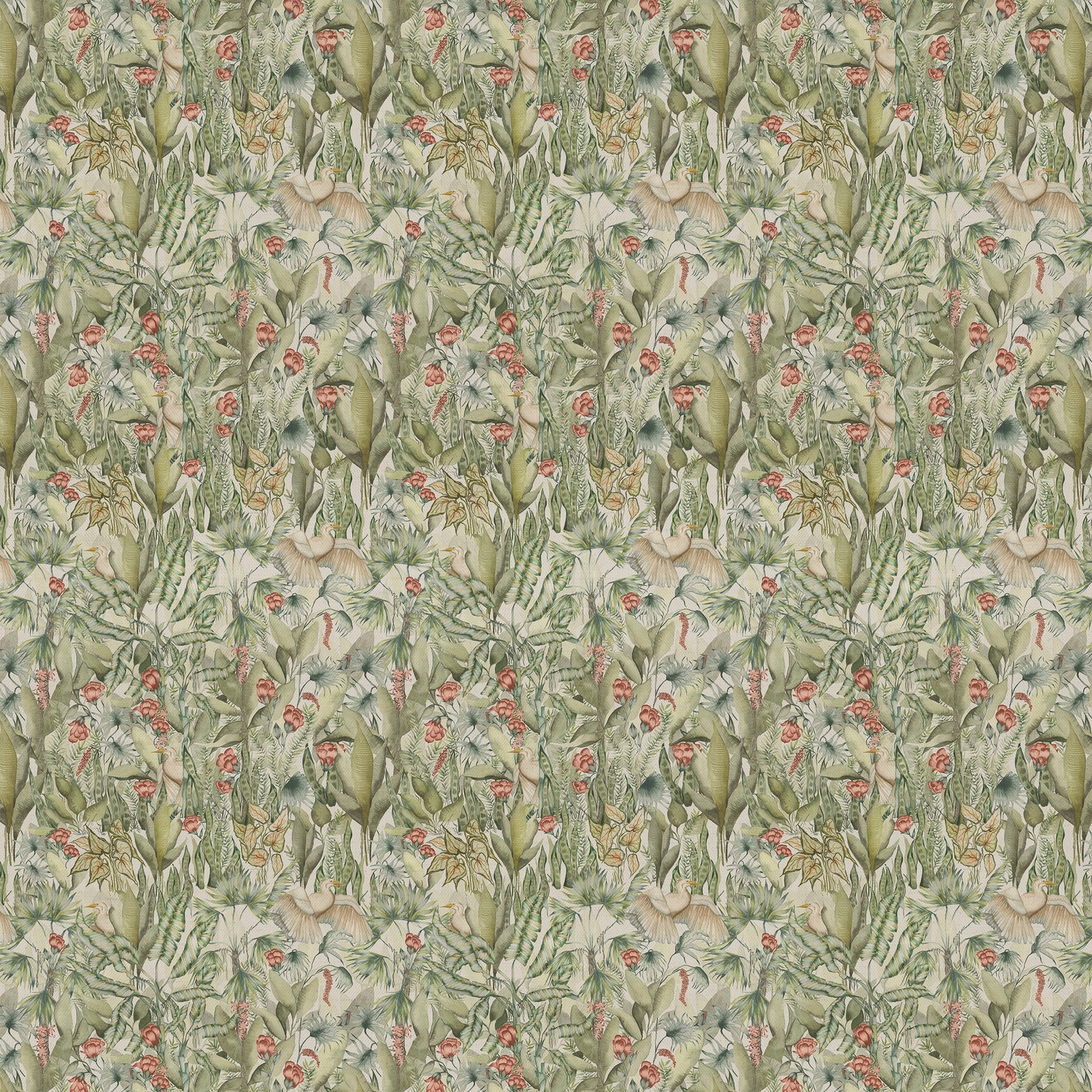 Botanical fabric swatch in soft green tones with leafy pattern and blush accents