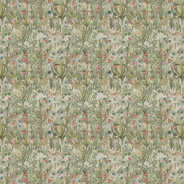 Botanical fabric swatch in soft green tones with leafy pattern and blush accents