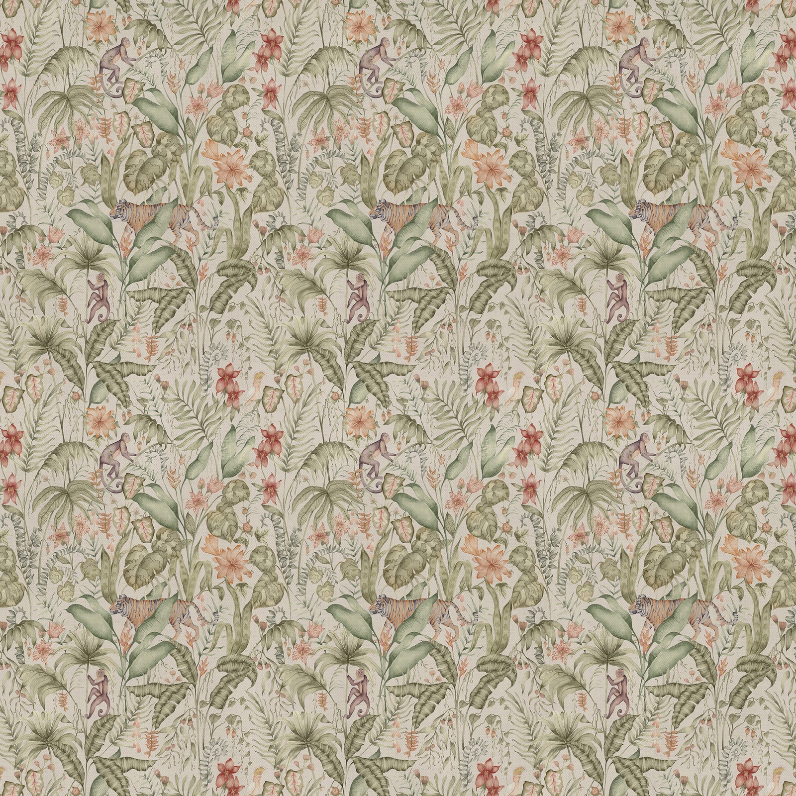 Botanical tropical print in soft sage green, olive and blush on a pale ground