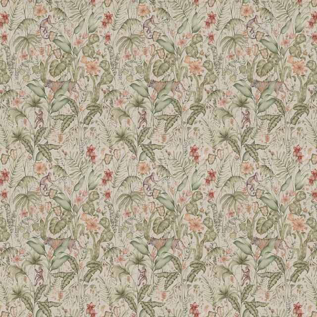 Botanical tropical print in soft sage green, olive and blush on a pale ground