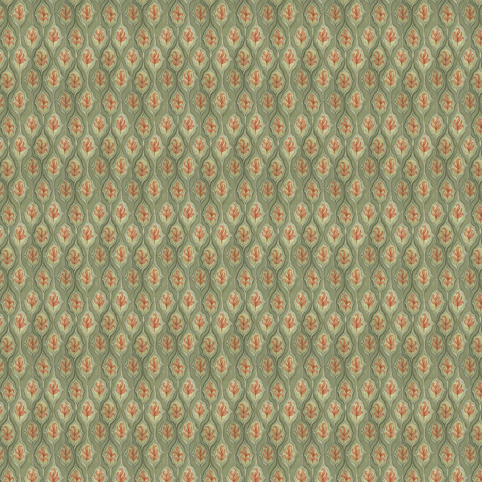 All-over small botanical print in muted sage green with coral accents