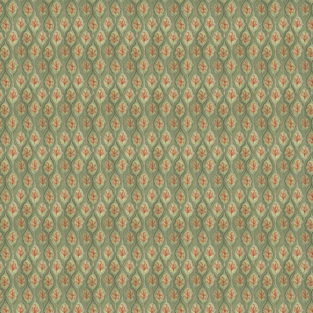 All-over small botanical print in muted sage green with coral accents