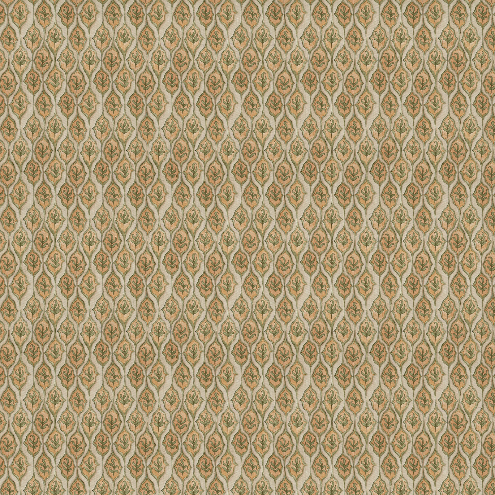 Small repeating leaf motif in soft terracotta, olive green and beige woven fabric