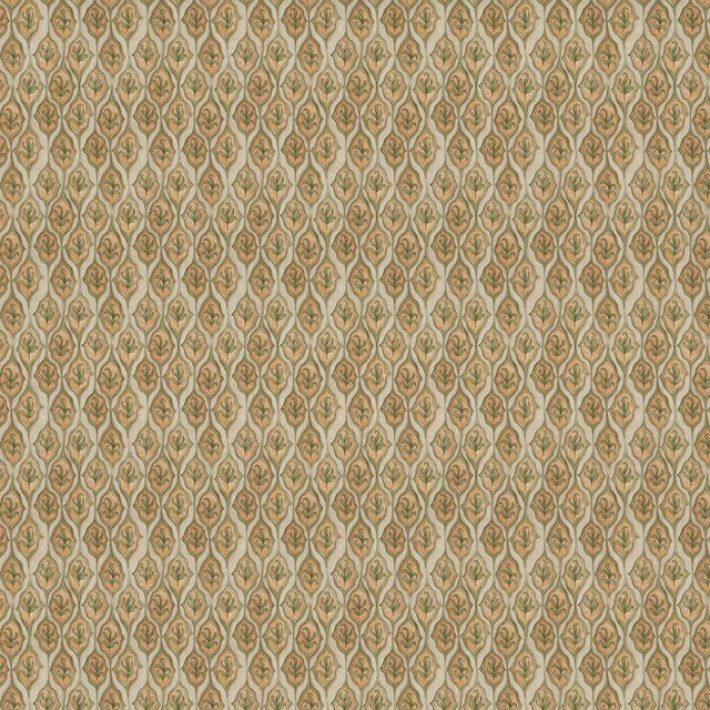 Small repeating leaf motif in soft terracotta, olive green and beige woven fabric