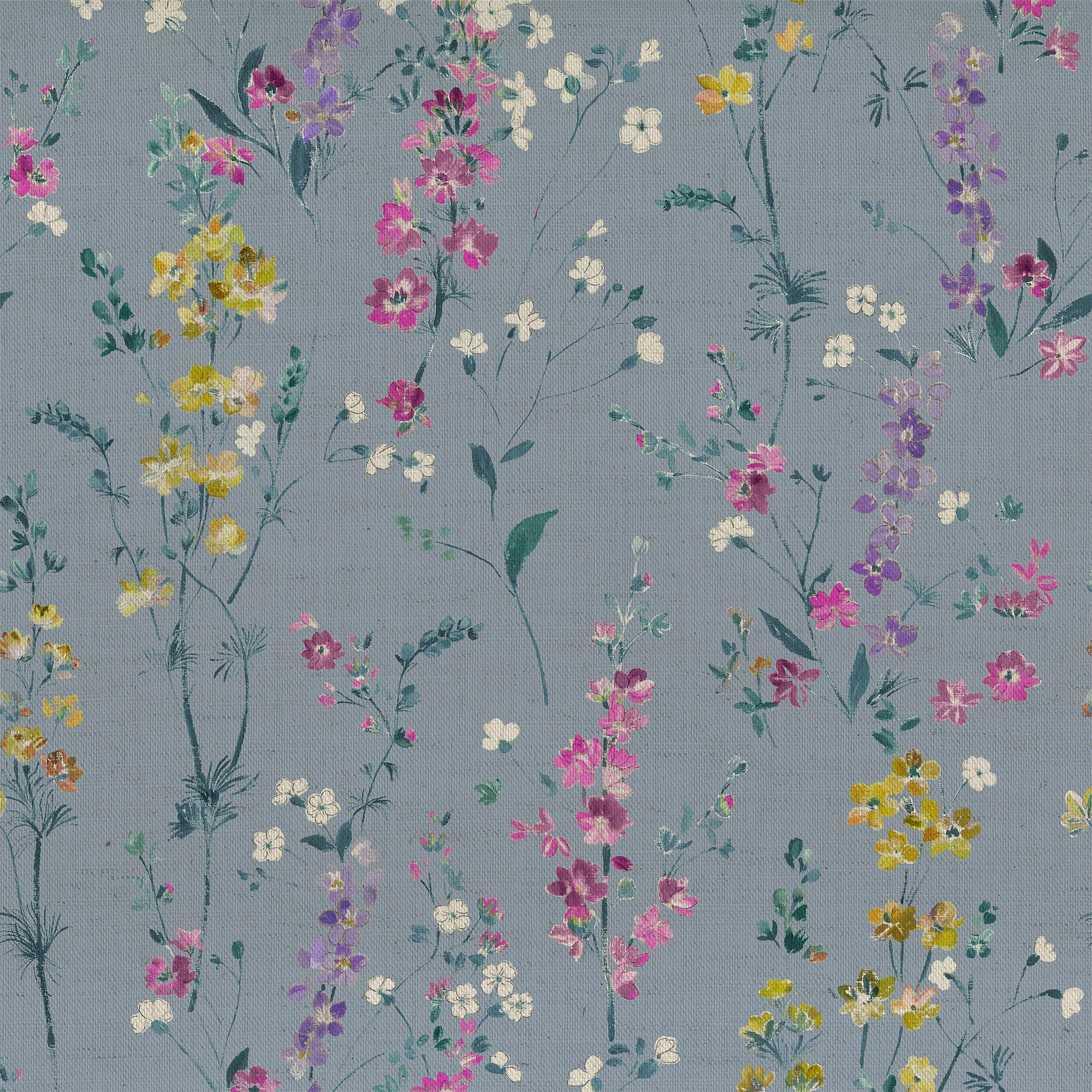 Blue floral fabric swatch with scattered pink, lilac, yellow and cream meadow flowers