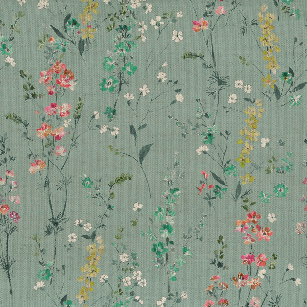 Sage green floral fabric with scattered pink, yellow and cream blossoms