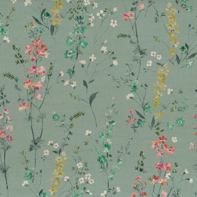 Sage green floral fabric with scattered pink, yellow and cream blossoms