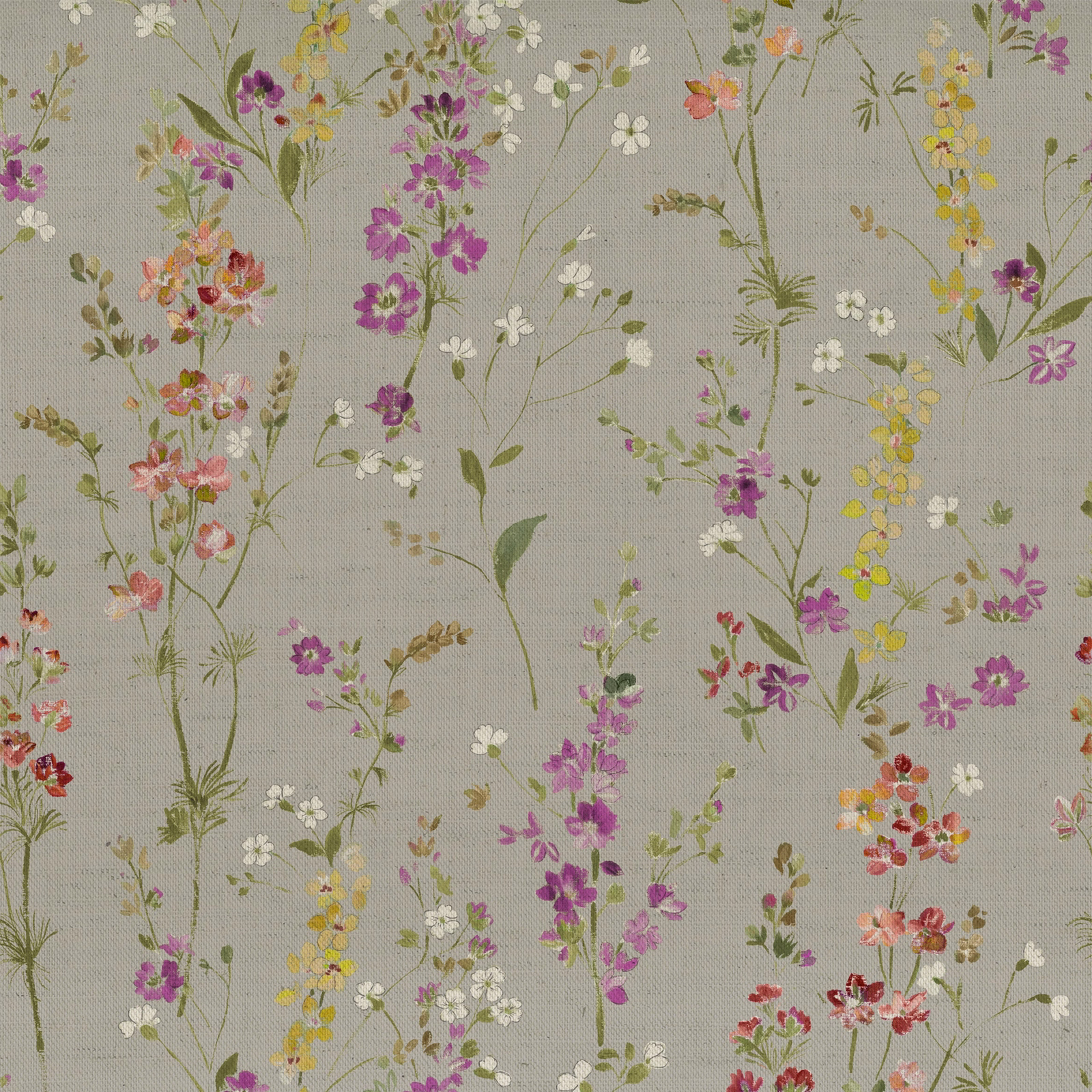 Pale ground floral fabric with scattered orange, pink, purple and yellow blossoms