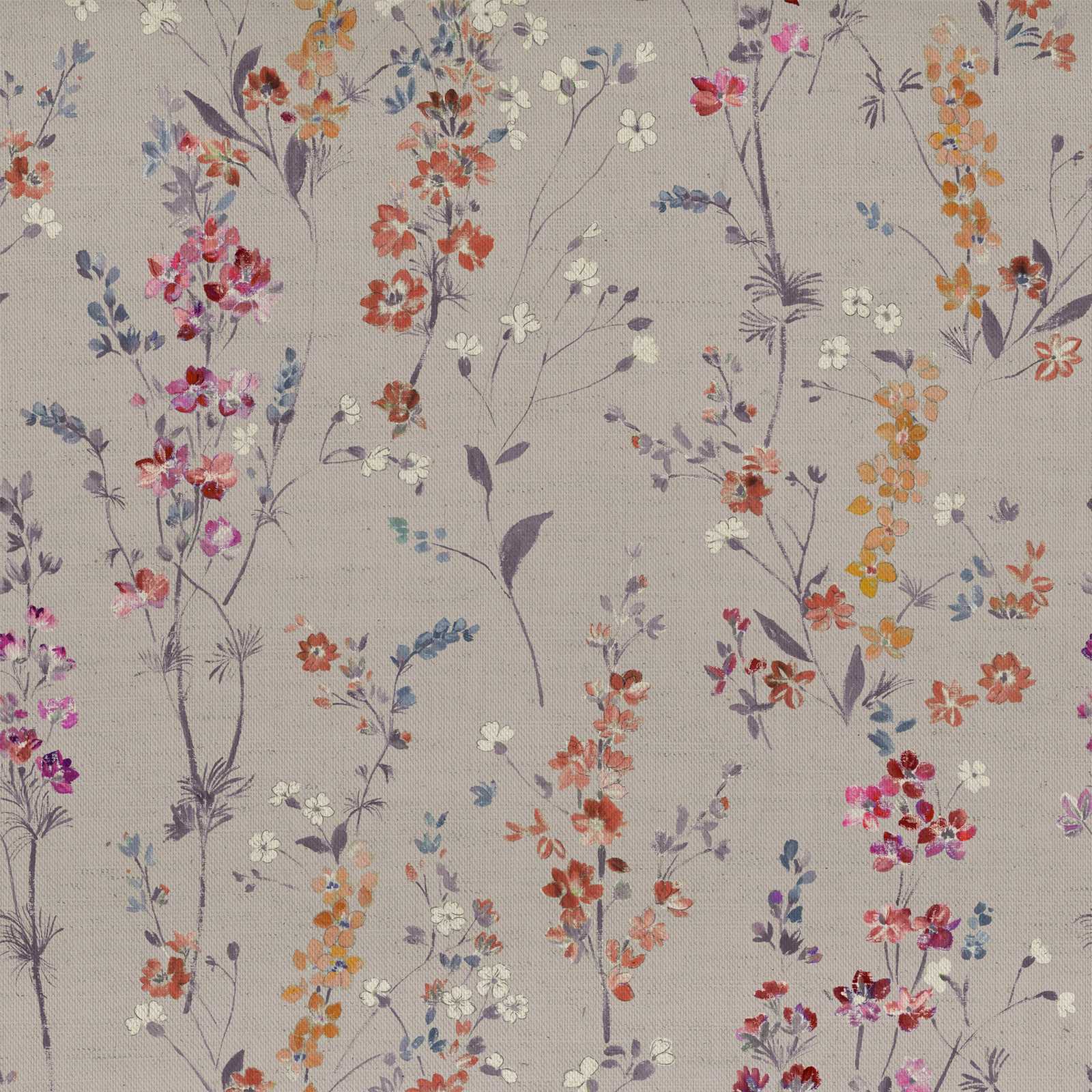 Blush floral fabric with scattered wildflower sprigs in pink, coral, lavender and blue