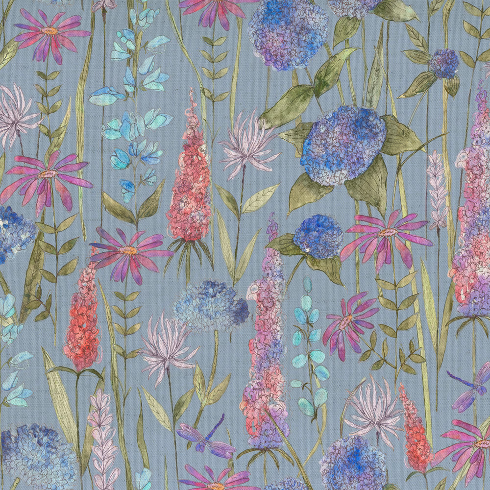Blue floral fabric swatch with meadow flowers, leafy stems and a textured weave