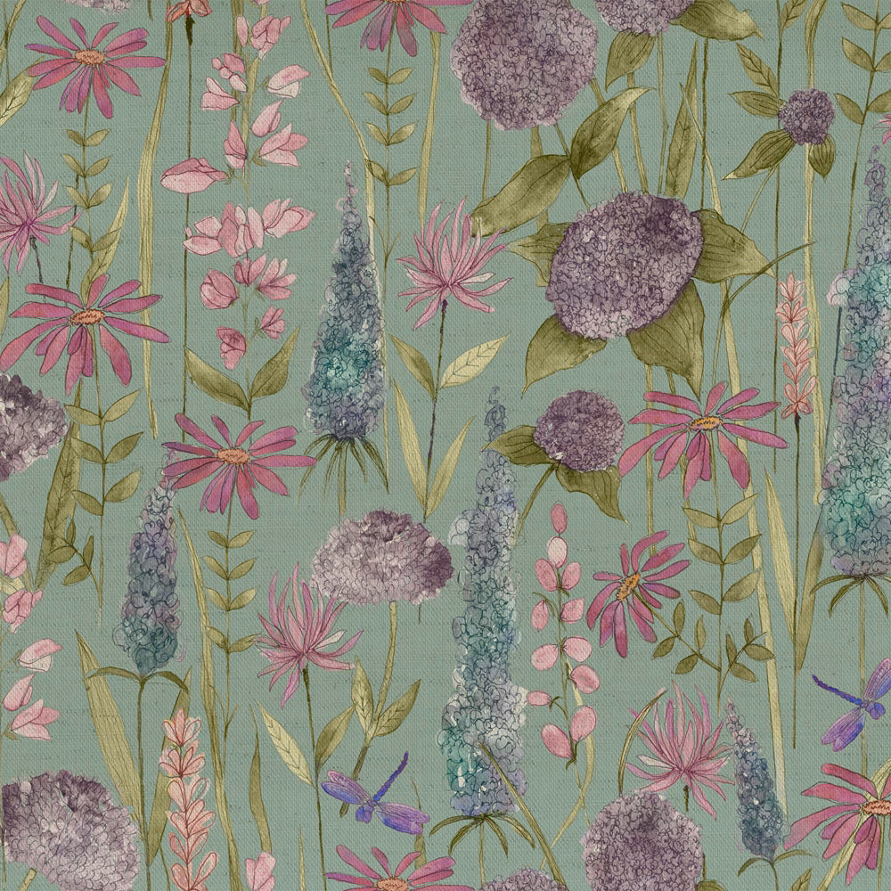 Painterly floral fabric on a soft aqua-green ground with pink and lilac meadow flowers
