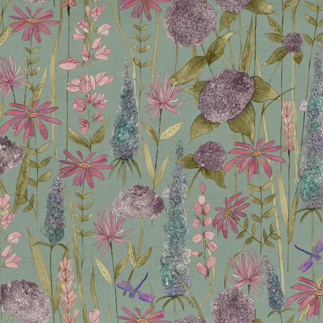 Painterly floral fabric on a soft aqua-green ground with pink and lilac meadow flowers