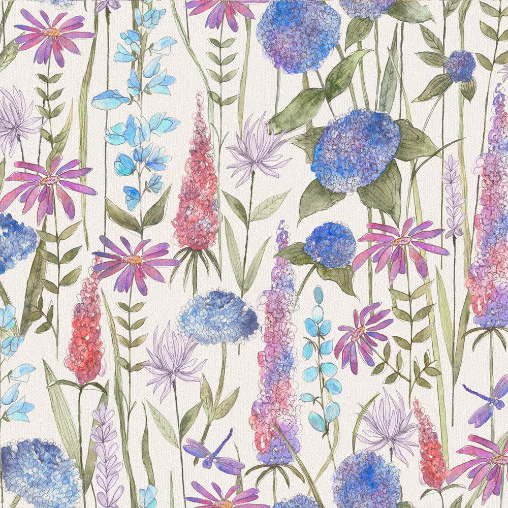 Colourful botanical floral fabric on a white ground with blue, lilac and pink flowers