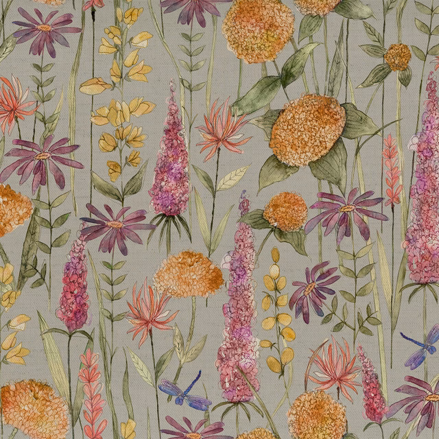 Painterly floral fabric with orange, pink, purple and yellow blooms on a pale grey-green ground