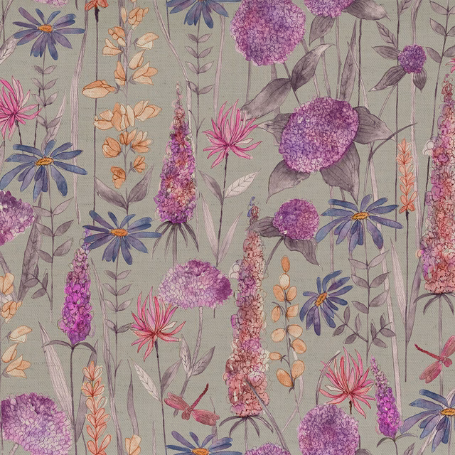Floral fabric with pink blooms, purple flowers and sage green ground