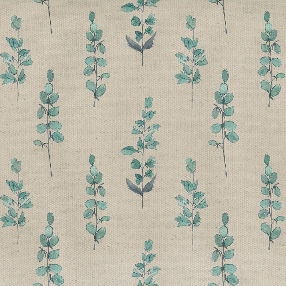 Aqua blue botanical sprigs on a natural linen-look fabric ground