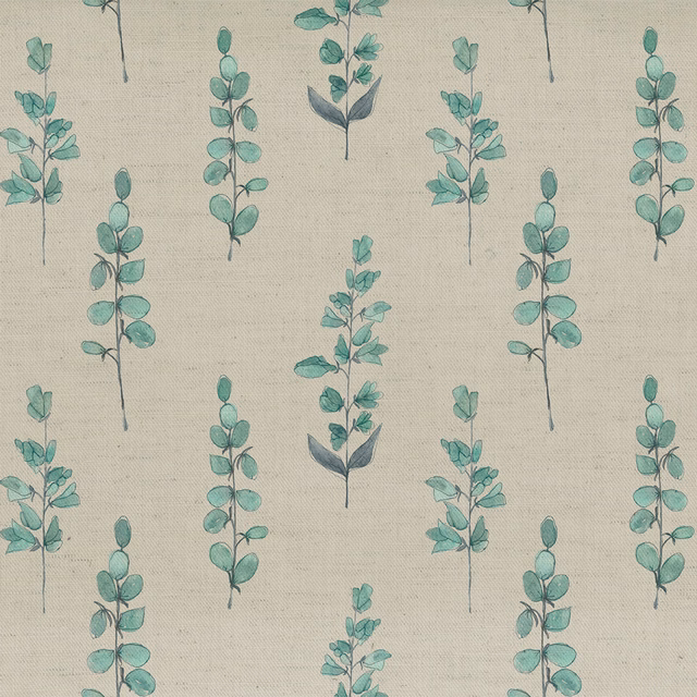 Aqua blue botanical sprigs on a natural linen-look fabric ground