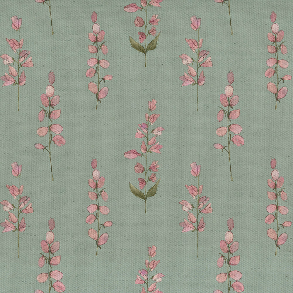 Mint green floral fabric with small pink sprigs and a fine natural weave