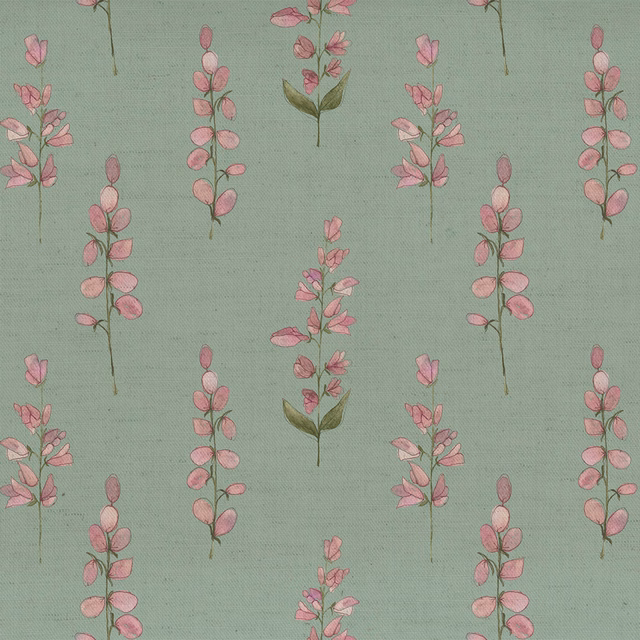 Mint green floral fabric with small pink sprigs and a fine natural weave