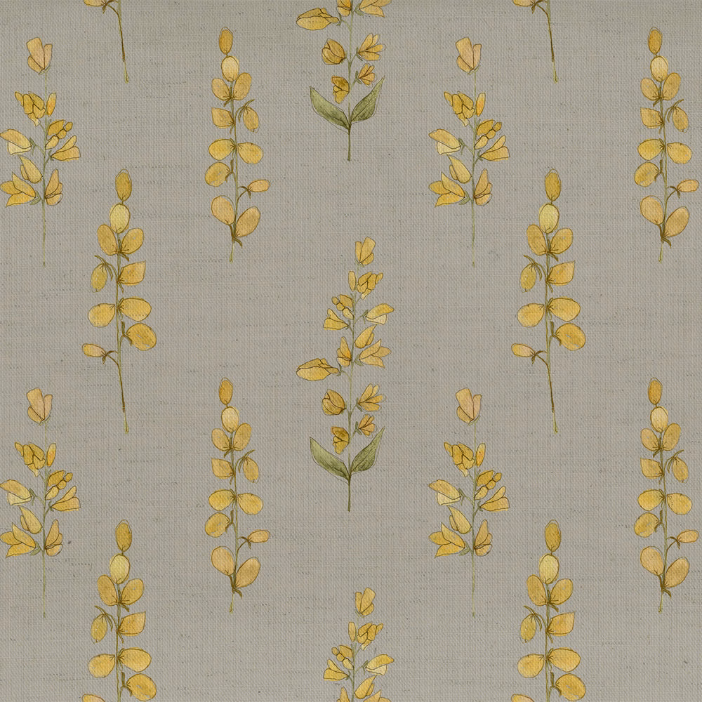 Grey botanical fabric with small yellow leaf sprigs and soft green stems