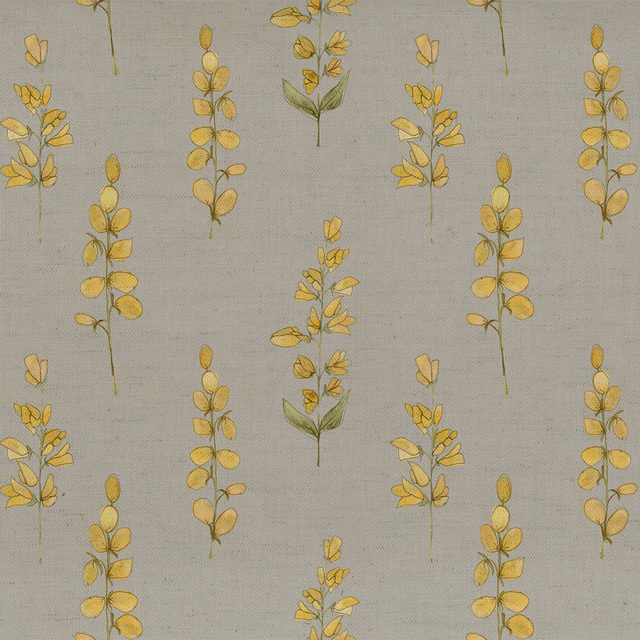 Grey botanical fabric with small yellow leaf sprigs and soft green stems