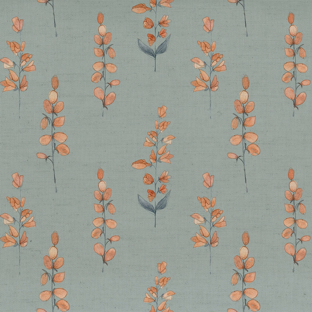 Sage green floral fabric with small peach botanical sprigs and a fine linen-cotton weave