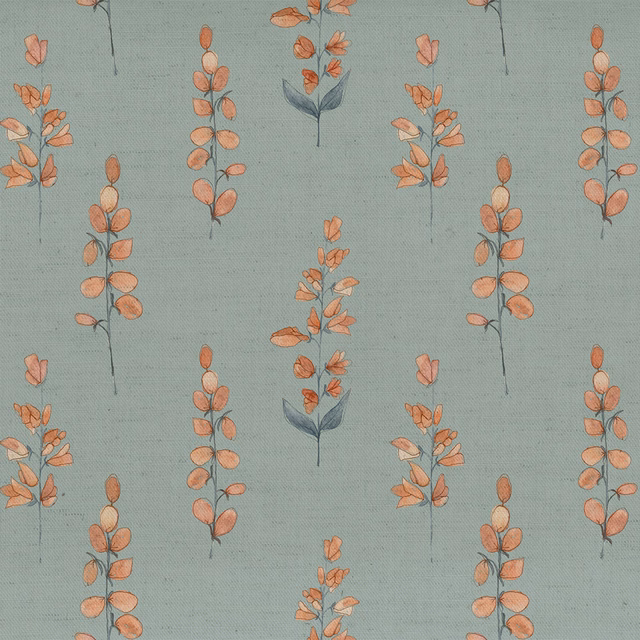 Sage green floral fabric with small peach botanical sprigs and a fine linen-cotton weave