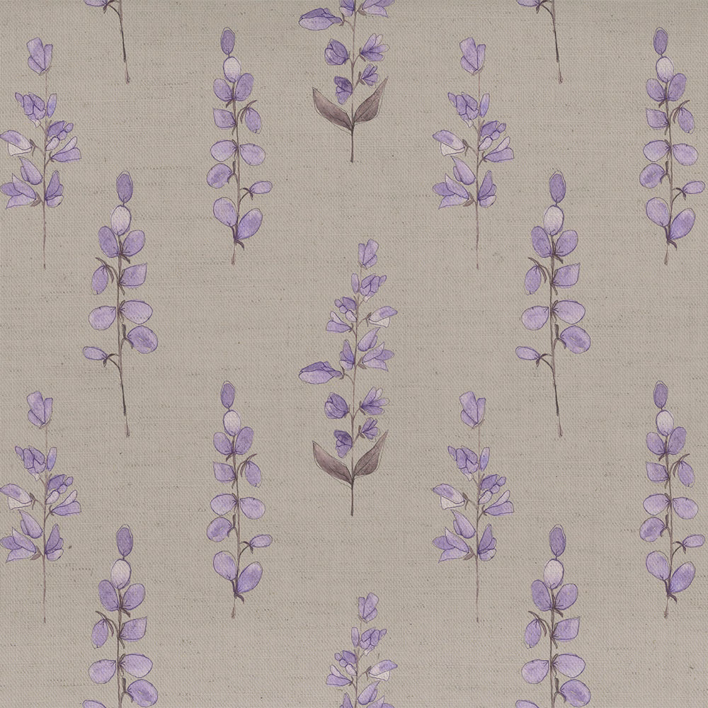 Lavender botanical trail print on a natural beige woven fabric