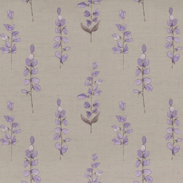 Lavender botanical trail print on a natural beige woven fabric