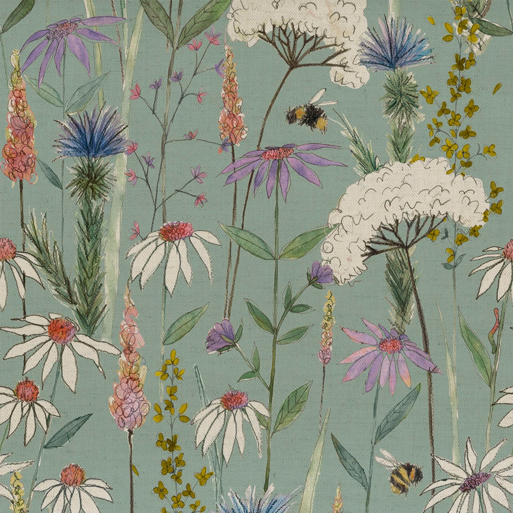 Mint green floral fabric with tall meadow flowers, bees and a soft woven texture
