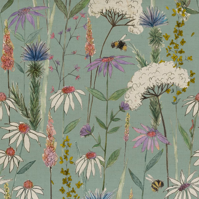 Mint green floral fabric with tall meadow flowers, bees and a soft woven texture