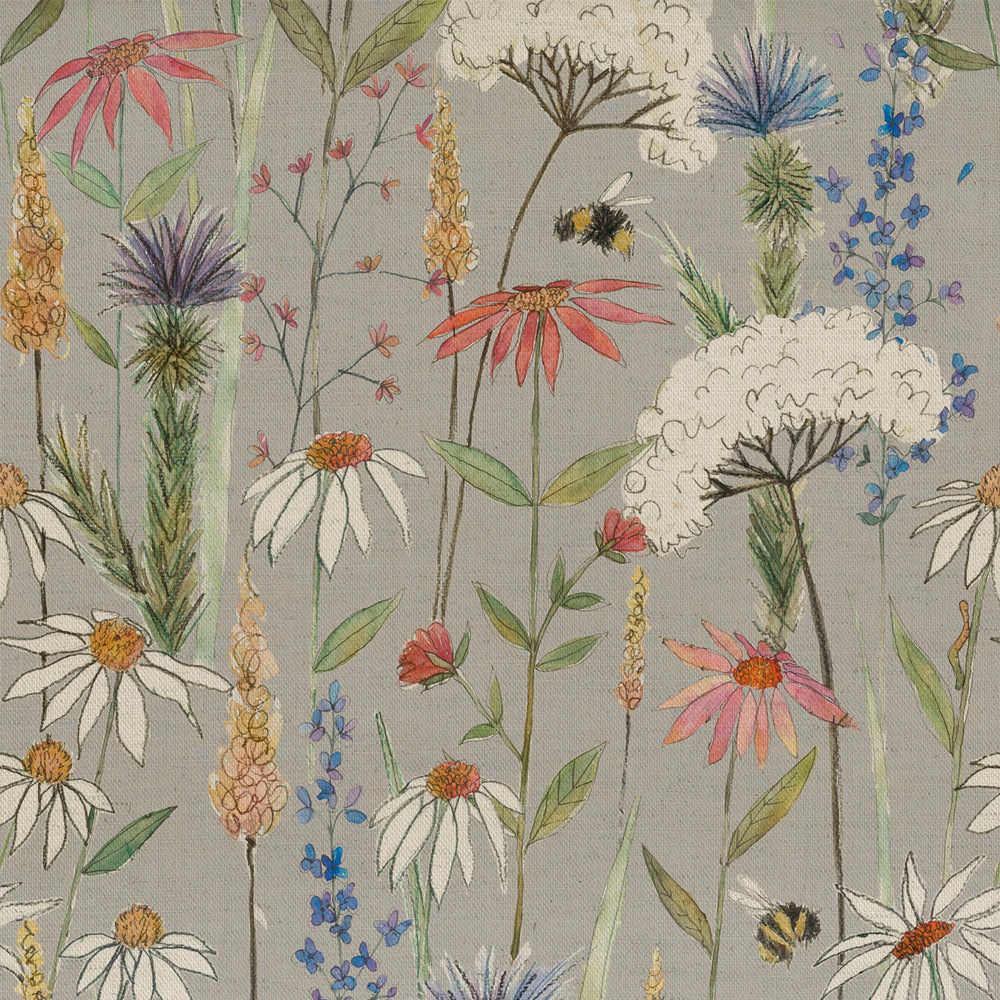 Grey botanical fabric with hand-drawn wildflowers, daisies and bees