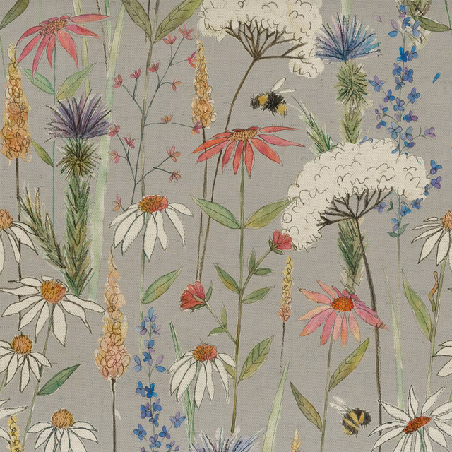Grey botanical fabric with hand-drawn wildflowers, daisies and bees