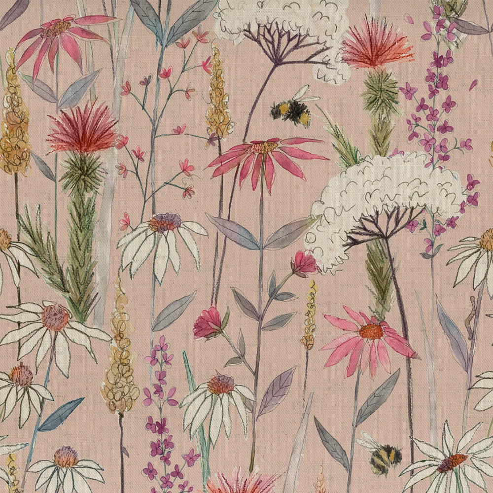 Blush pink floral fabric with tall meadow stems and multicoloured embroidered-style blooms