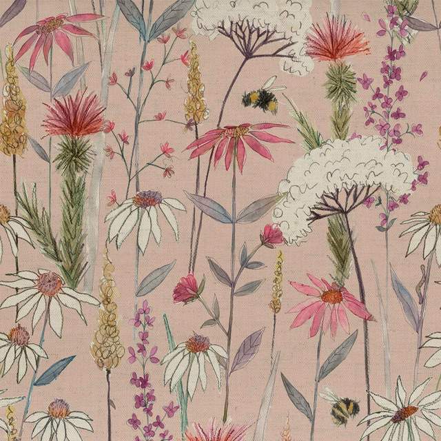 Blush pink floral fabric with tall meadow stems and multicoloured embroidered-style blooms