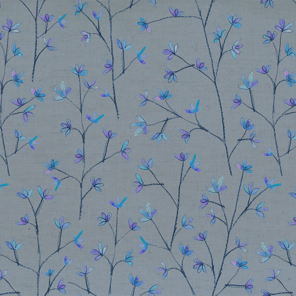 Blue-grey floral fabric with fine dark stems and small turquoise and lilac blooms