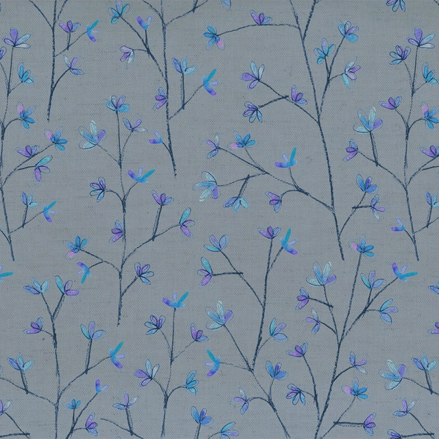 Blue-grey floral fabric with fine dark stems and small turquoise and lilac blooms