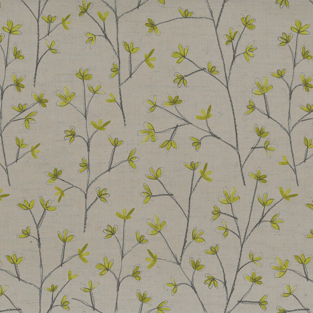 Pale botanical fabric with lime-green leaves and fine grey branching stems