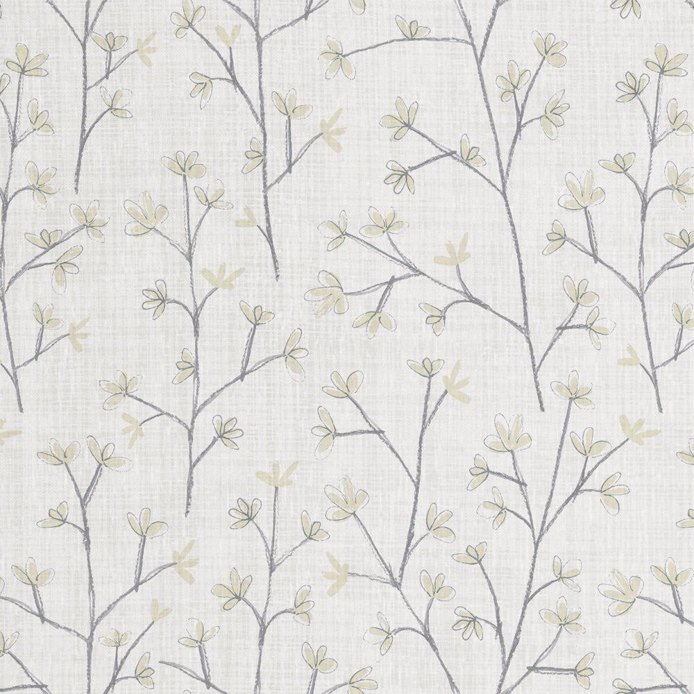 Light grey linen fabric with delicate grey branches and pale leaf motif