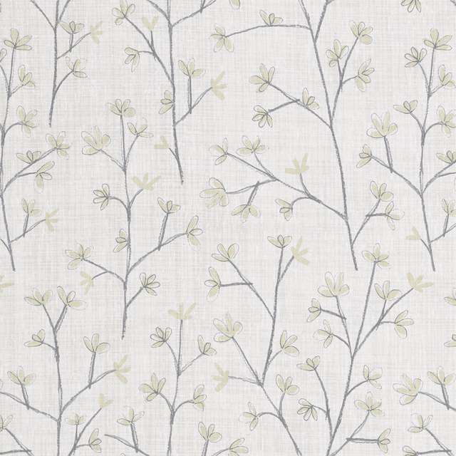 Light grey linen fabric with delicate grey branches and pale leaf motif