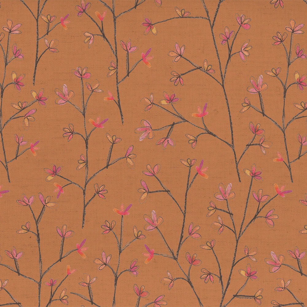 Orange botanical fabric with dark twig stems and pink blossom motifs