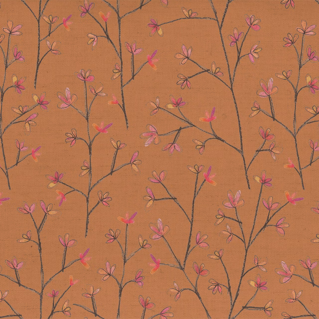 Orange botanical fabric with dark twig stems and pink blossom motifs