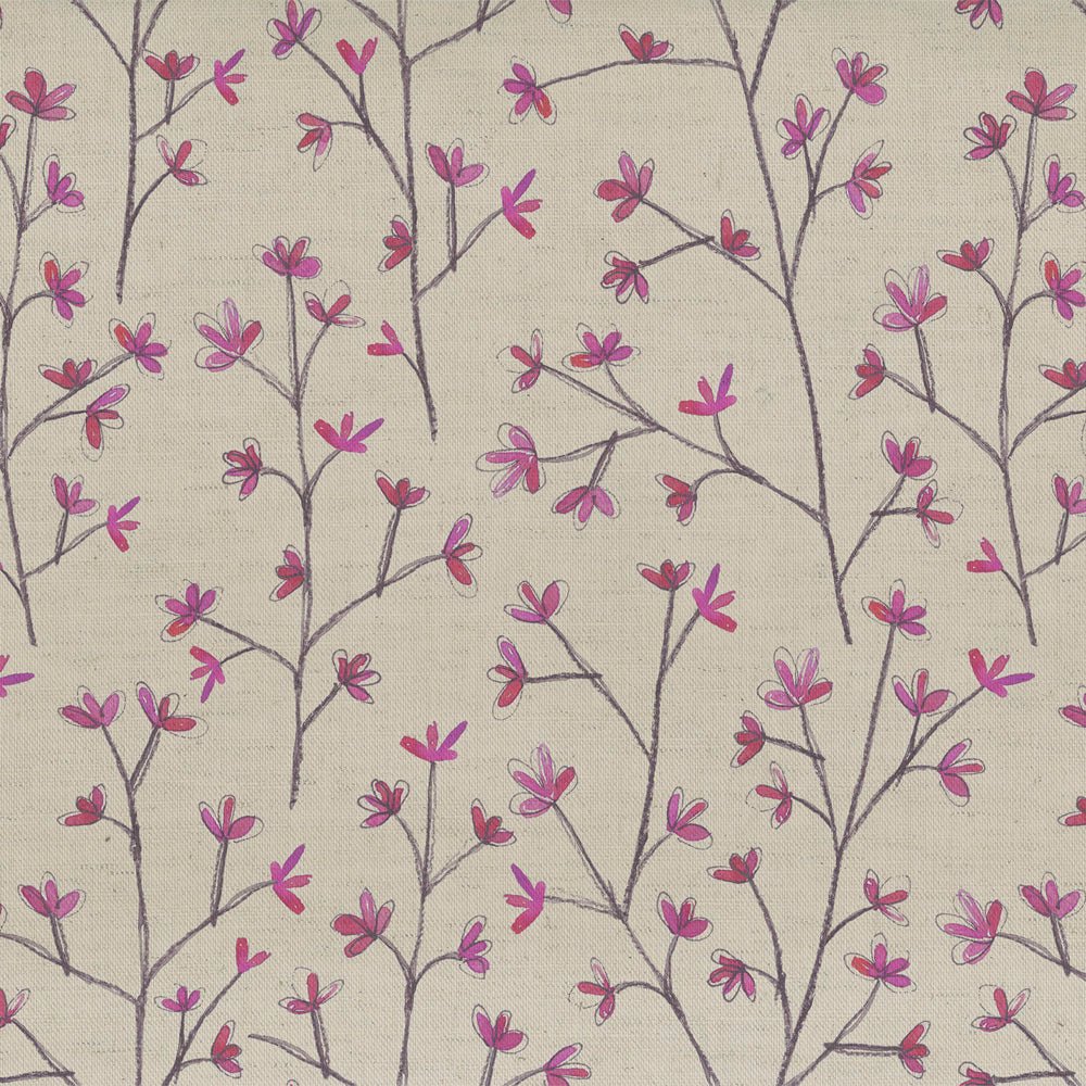 Pink trailing floral fabric with grey stems on a cream ground
