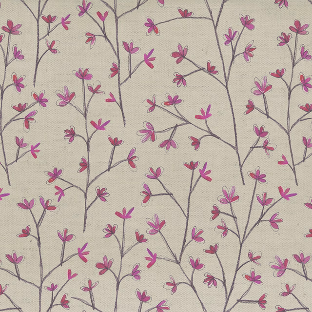 Pink trailing floral fabric with grey stems on a cream ground