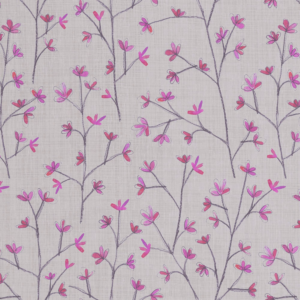 Pink-purple floral stems on a natural linen ground with a fine woven texture