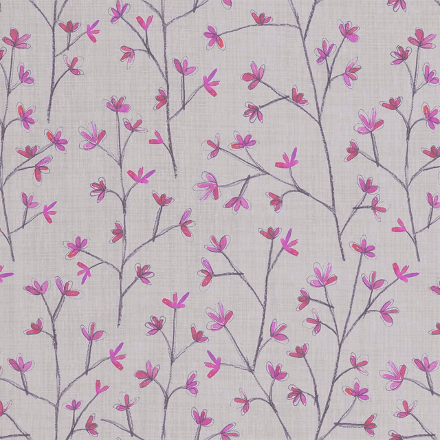 Pink-purple floral stems on a natural linen ground with a fine woven texture