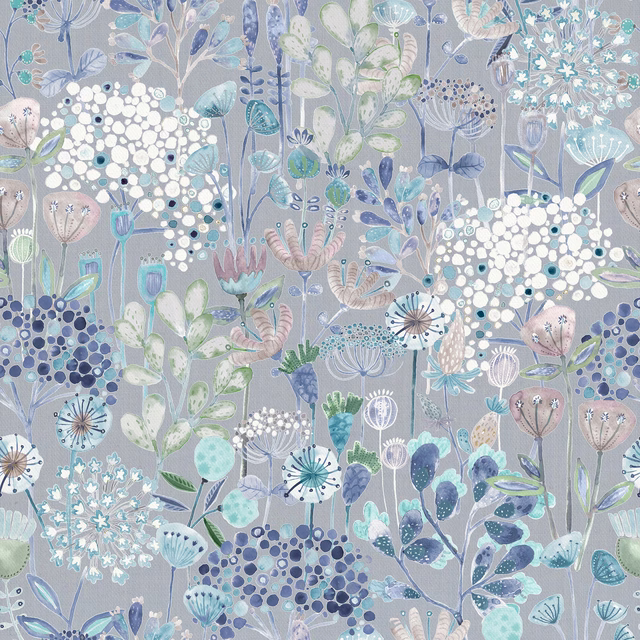 Large-scale blue and aqua floral fabric on a pale grey ground, with stylised seed heads and leaves