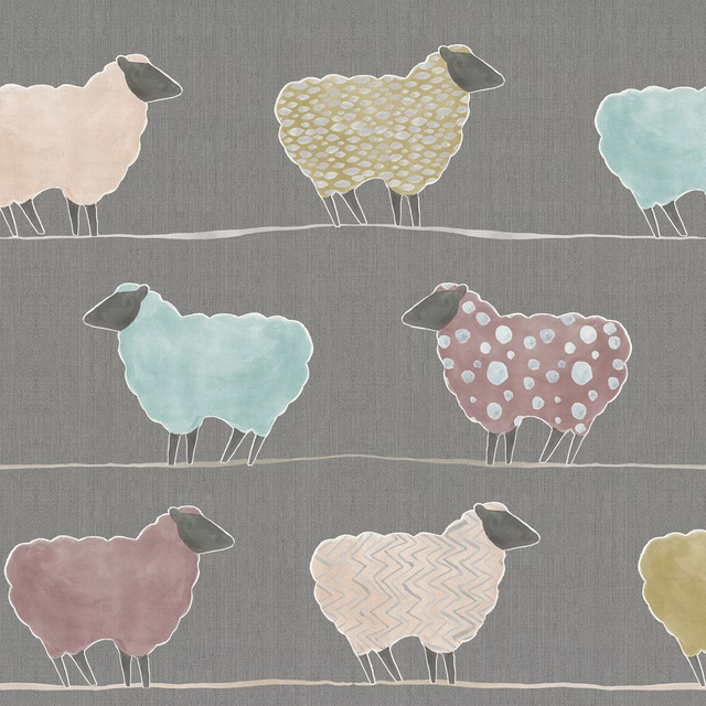 Grey woven fabric with pastel sheep motifs in pink, blue, cream and yellow